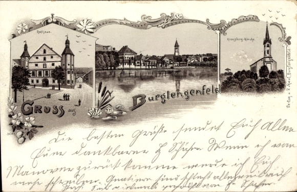 Chromo-Litho Burglengenfeld an der Naab Upper Palatinate, town hall, partial view, Kreuzberg Church
