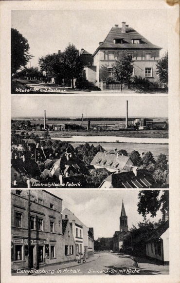 PC Osternienburg in Anhalt, three pictures: town hall, factory, street with church