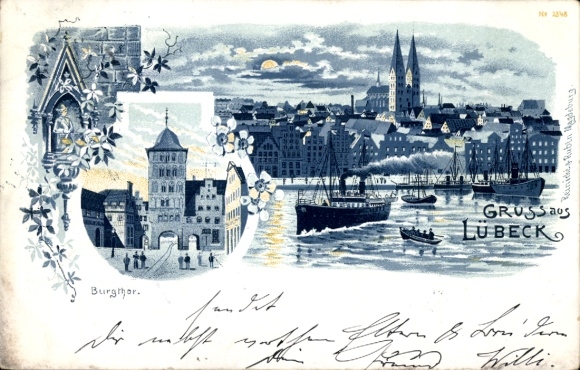 Chromo-Litho Hanseatic City of Lübeck, Panorama, Harbor at Night, Castle Gate