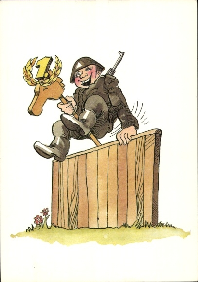 Artist Postcard Muzeniek, Peter, NVA, soldier on hobby horse jumps over obstacles, winner's wreath