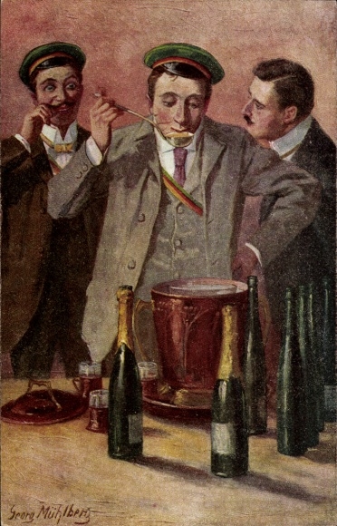 Studentika artist Postcard Mühlberg, Georg, students tasting May punch, champagne bottles