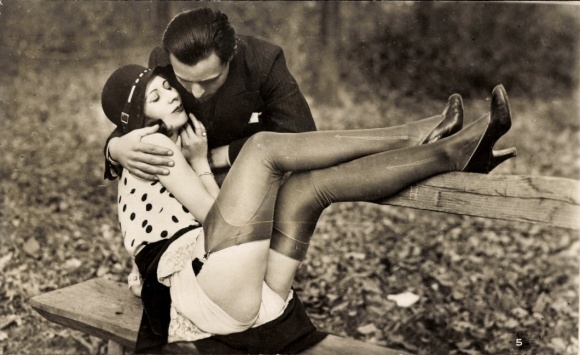 Photo Postcard lovers, meeting in the park, underwear, stockings