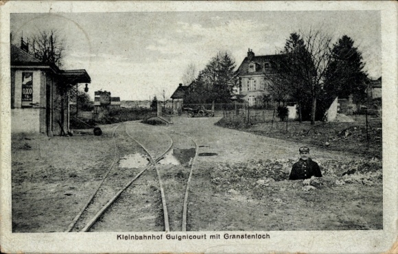 PC Guignicourt Aisne, small station, shell hole, soldier, tracks, war damage, WWI