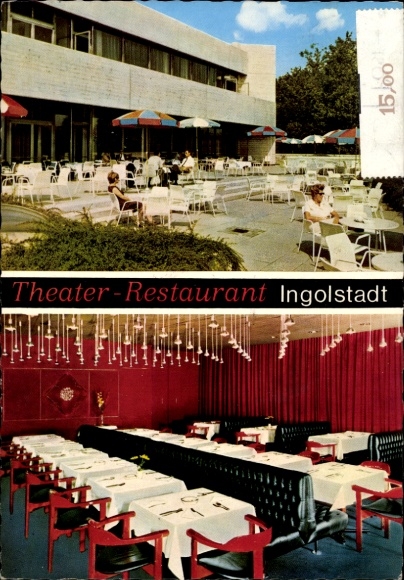 KP Ingolstadt an der Donau Oberbayern, Teatr-Restauracja, teren na zewnątrz ze stołami i parasolami przeciwsłonecznymi