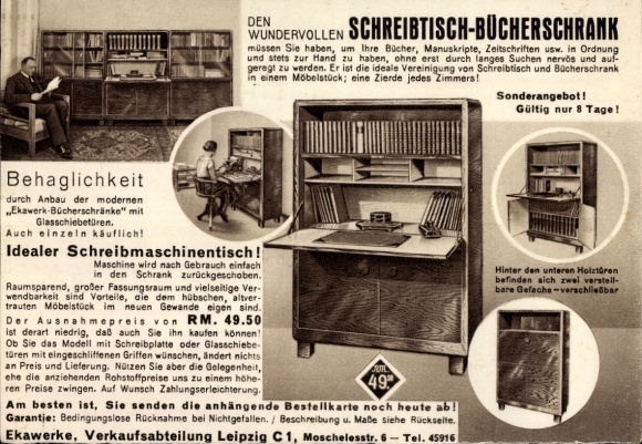 Postcard Leipzig in Saxony, desk bookcase, sales department Ekawerke, Moschelesstraße 6