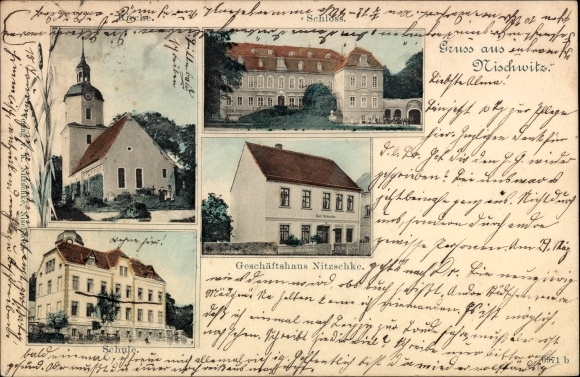 Ansichtkaart Nischwitz Thallwitz in Saksen, kerk, kasteel, Nitzschke bedrijfsgebouw, school