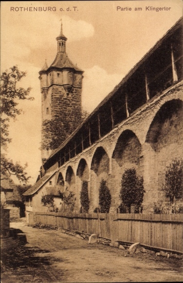 Ak Rothenburg ob der Tauber Mittelfranken, Klingerlor, Turm, Mauer, Bäume,  