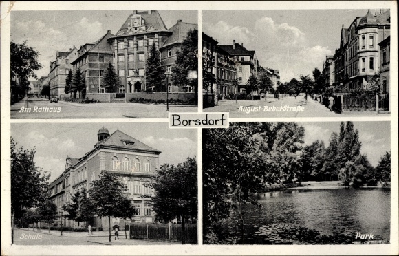 Postcard Borsdorf in Sachsen, town hall, school, park, August Bebel Straße