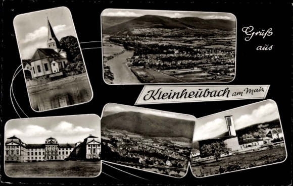 Postcard Kleinheubach am Main, church, Löwenstein Castle, aerial photograph