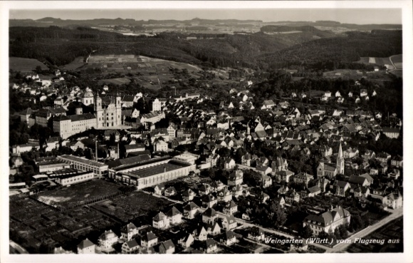 Postcard Weingarten in Württemberg, aerial photograph of Weingarten, city view, aircraft photograph, 1936