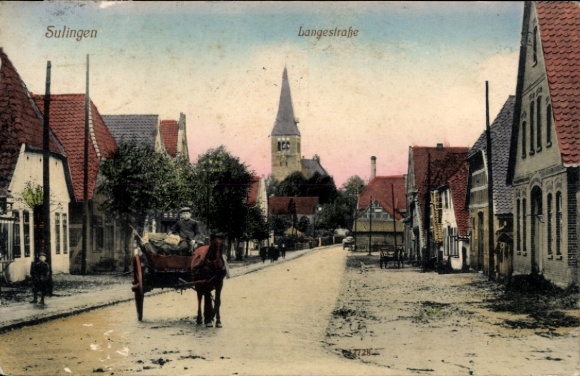 Postcard Sulingen in Lower Saxony, Langestraße, church tower, horse-drawn carriage