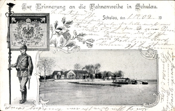 Ak Schulau Wedel aan de Elbe, vlaginwijding, soldaat, vlag met wapen, landschap met water