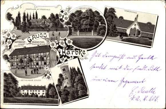 Chromo-Litho Harbke in Saxony Anhalt, greenhouse, castle ruins, vicarage, inn at the golden poodle