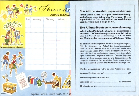 Allianz insurance timetable, apprenticeships, save learn bar, around 1960