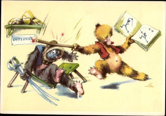 10 Artists Postcard Salac, Humanized Animals, Sports, Hunting, Bicycle, Professions