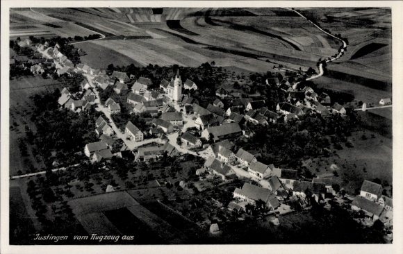 Postcard Justingen Schelklingen Swabian Alb, aerial view of houses, streets, landscape