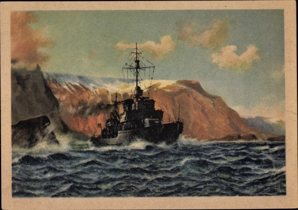 Artist PC Dolhart, Oskar, German minesweeper on a safety voyage in front of a Norwegian port