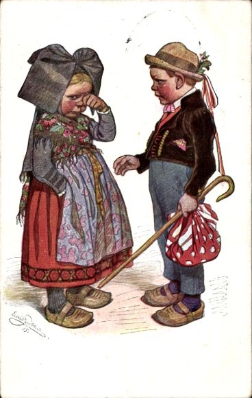 Artist Postcard Beithan, E., Children in Alsatian Costumes, Crying Girl
