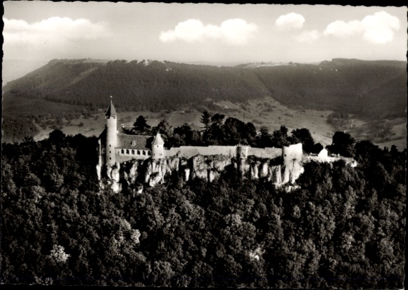 Postcard Owen unter Teck Württemberg, Teck Castle, aerial photograph
