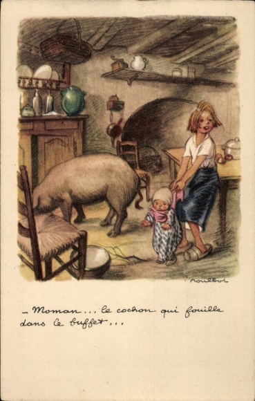 Kunstenaarskaart Poulbot, Francisque, kinderen en varken in een keuken