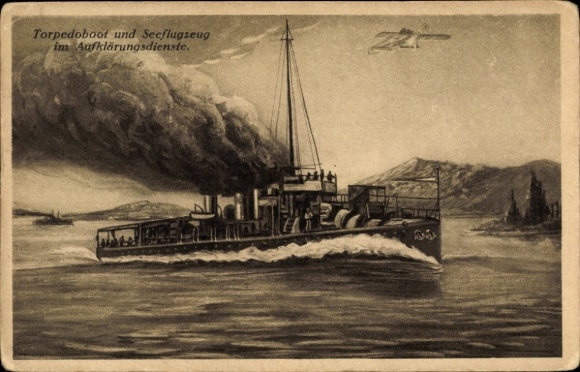 Postcard torpedo boat and seaplane in the reconnaissance service, KuK Kriegsmarine