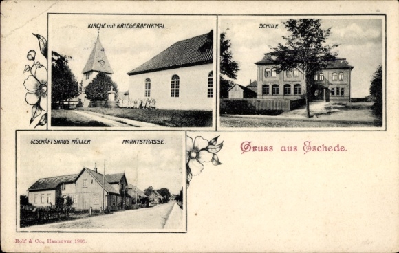 Ak Eschede in der Lüneburger Heide, Marktstraße, Geschäft Müller, Kirche, Kriegerdenkmal, Schule