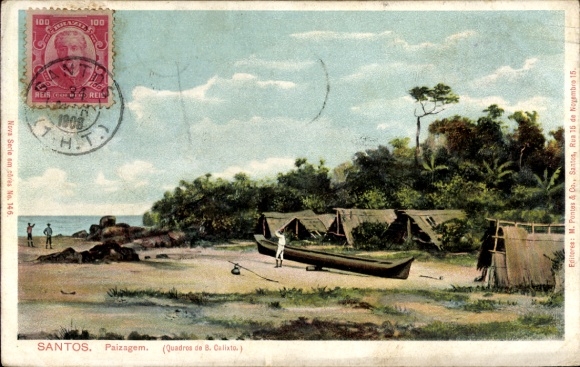 Ak Santos Brasilien, Landschaft mit Boot, Zeltlager, Bäume,  von Santos