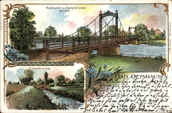 Litho Bad Oeynhausen in Westfalen, Nadelwehr, Hängebrücke am Siel, Kanalbrücke