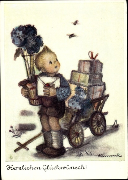 Kunstenaar ansichtkaart Hummel, Berta, gefeliciteerd verjaardag, jongen met cadeautjes en karren, hommels