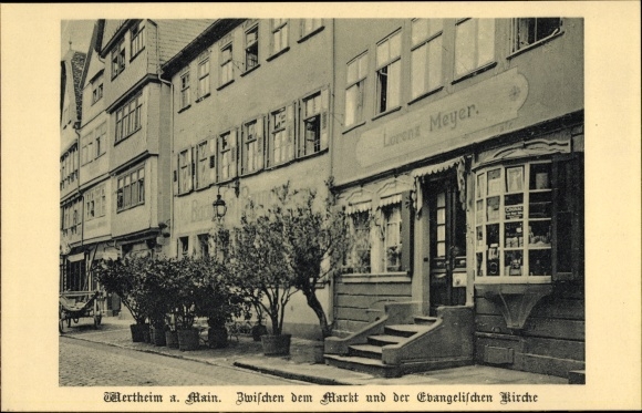 Postcard Wertheim am Main, between the market and the evangelical church, business Lorenz Meyer