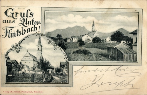 Passepartout-ansichtkaart Unter Flintsbach am Inn Opper-Beieren, algemeen beeld, kerk