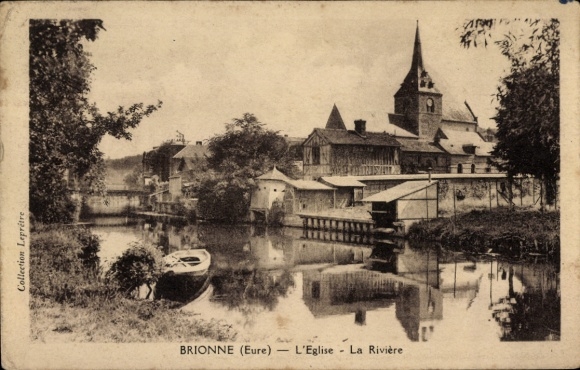 Postcard Brionne Eure, lots of water, old buildings, church, boat, idyllic landscape