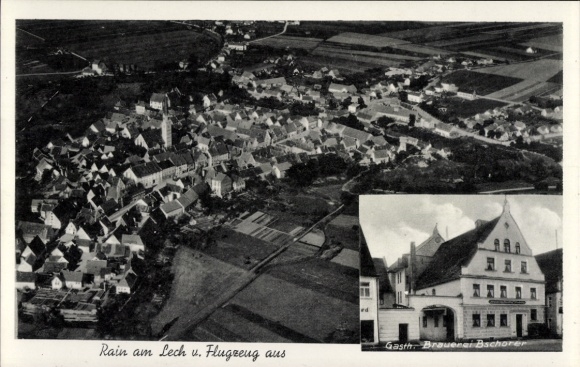Postcard Rain am Lech in Swabia, inn and brewery, view of the town, aerial photograph