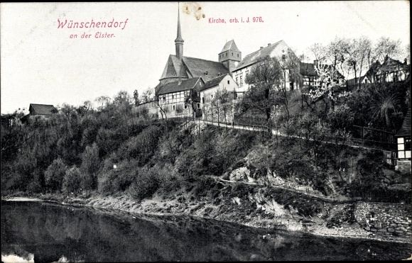 Ak Wunschdorf an der Elster, Veitsberg-kerk, rivieroever