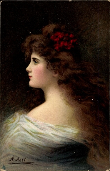 Artist Postcard Asti, Angelo, portrait of a young woman with long brunette hair