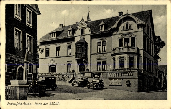 Postcard Birkenfeld an der Nahe, House of the NSDAP, Pharmacy, Cars