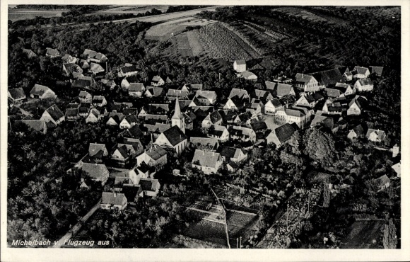 Postcard Michelbach Marburg an der Lahn, aerial view of many roofs, hills in the background