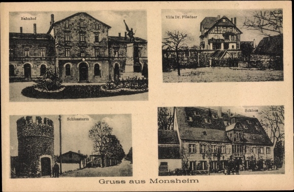 Postcard Monsheim in Rheinhessen, train station, villa Dr. Fliednerr, castle, castle tower