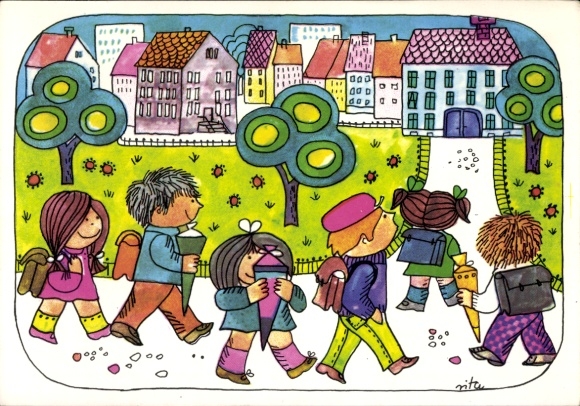 Postcard Congratulations School Enrollment, Children, School Cones, Schoolbags, School