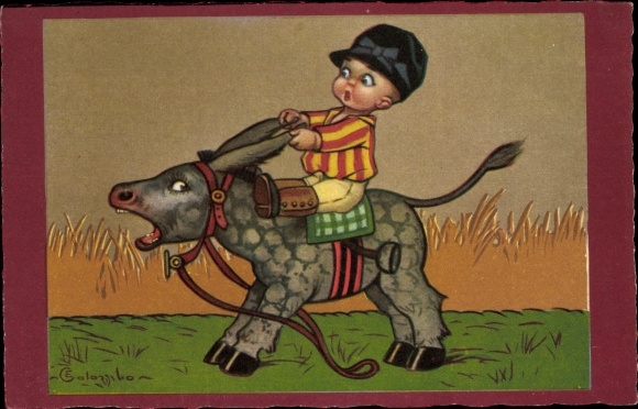 Artist PC Colombo, E., boy rides on a donkey