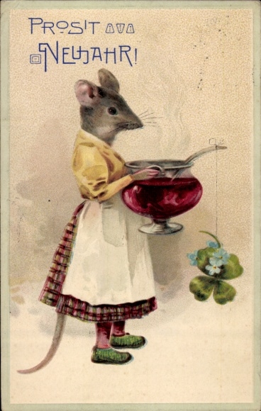 Präge Ak Glückwunsch Neujahr, Maus mit Punsch, Glücksklee