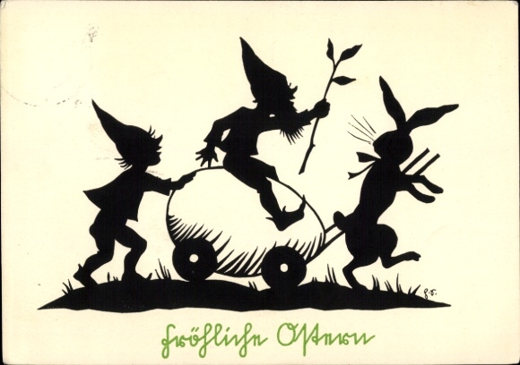Scherenschnitt Ak Glückwunsch Ostern, Zwerge, Osterei, Osterhase