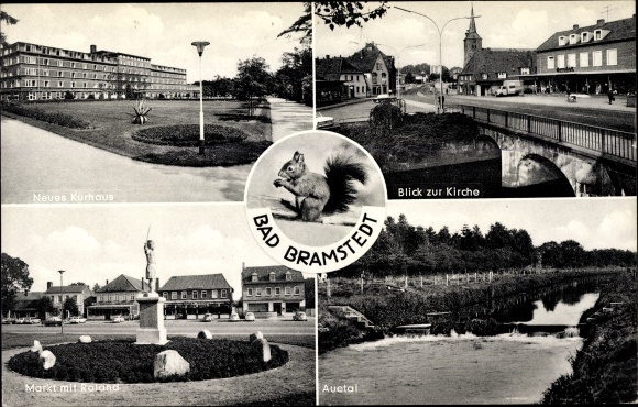 Postcard Bad Bramstedt in Holstein, squirrel, view of the church, Auetal, market with Roland, Kurhaus