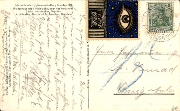 Ansichtkaart Dresden, hygiënetentoonstelling 1911, rijtjeshuis, kleine appartementen