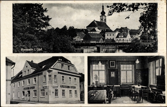 Ak Pressath in der Oberpfalz Bayern, Kirche, Gasthaus und Metzgerei Max Oberndorfer