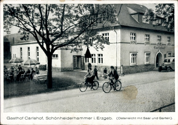 Ak Schönheiderhammer Schönheide im Erzgebirge Sachsen, Gasthof Carlshof, Garten
