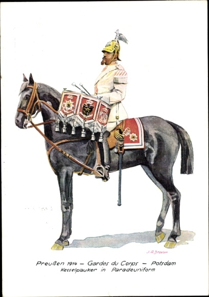 Artist Postcard Prussia 1914, Gardes du Corps, kettle drummer in parade uniform, Stamp Day 1943