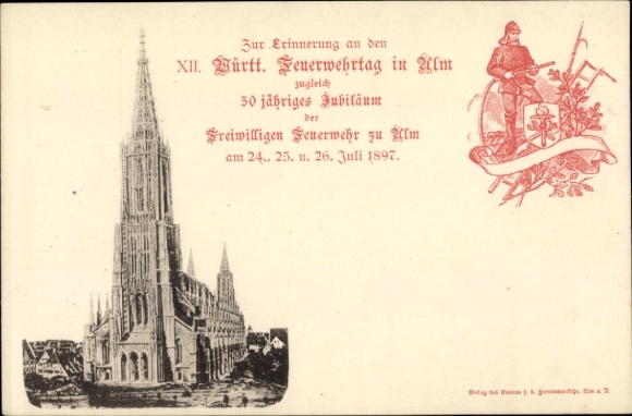 Postwaardekaart Ulm aan de Donau Baden Württemberg, brandweerdag 1897