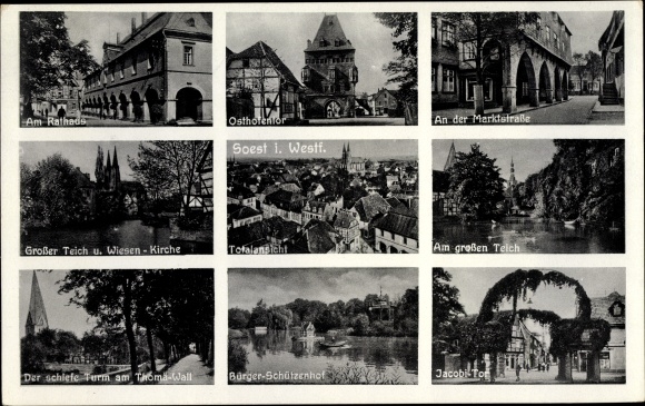 Postcard Soest in North Rhine-Westphalia, town hall, Jacobi Gate, church, market street