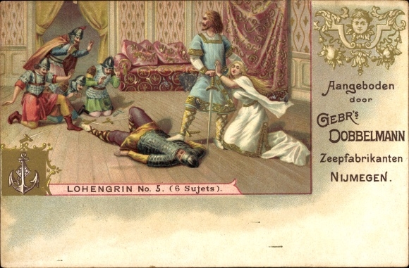 Lithoreclame, scène uit Lohengrin, zeepfabriek Gebr. Dobbelmann, Nijmegen